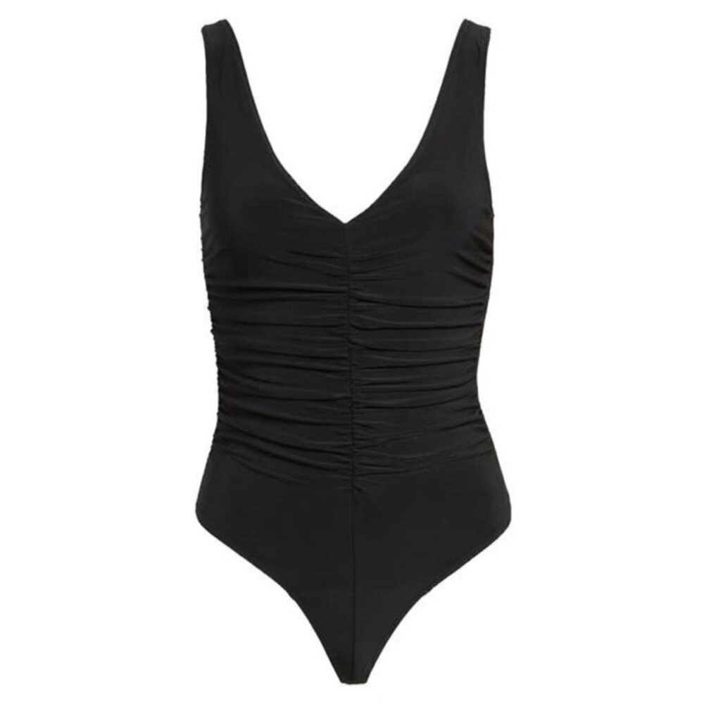 LEITH Ruched V-neck‎ Sleeveless Thong Bodysuit In Black M